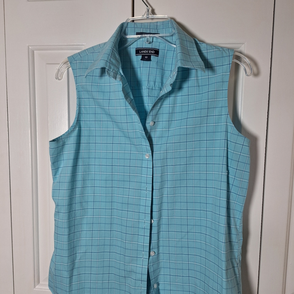 Lands' End No Iron Cotton Blue Sleeveless Shirt EUC